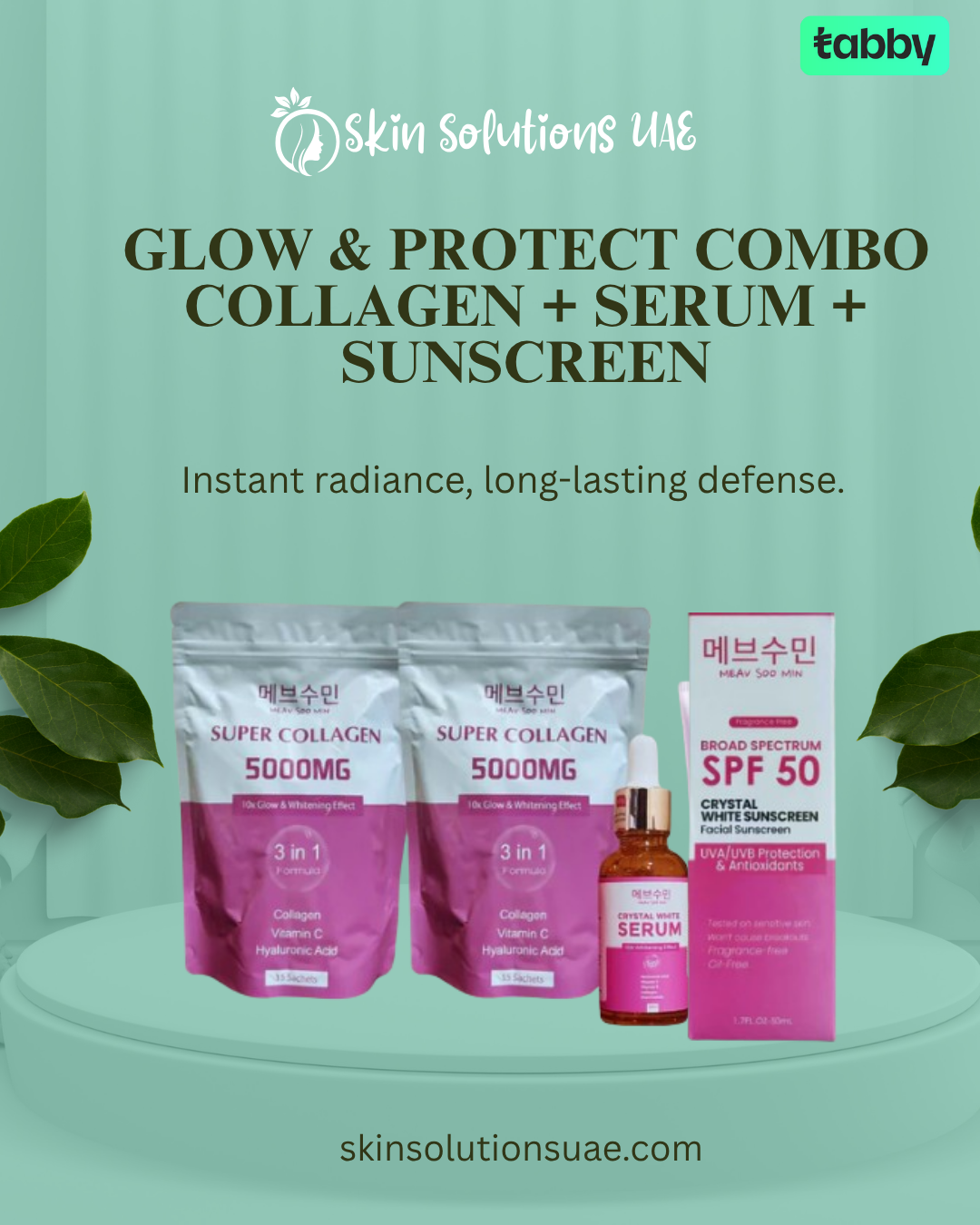 Glow & Protect Combo featuring Super Collagen 5000mg pouches, Crystal White Serum, and SPF 50 Crystal White Sunscreen for radiant skin and daily UV protection.