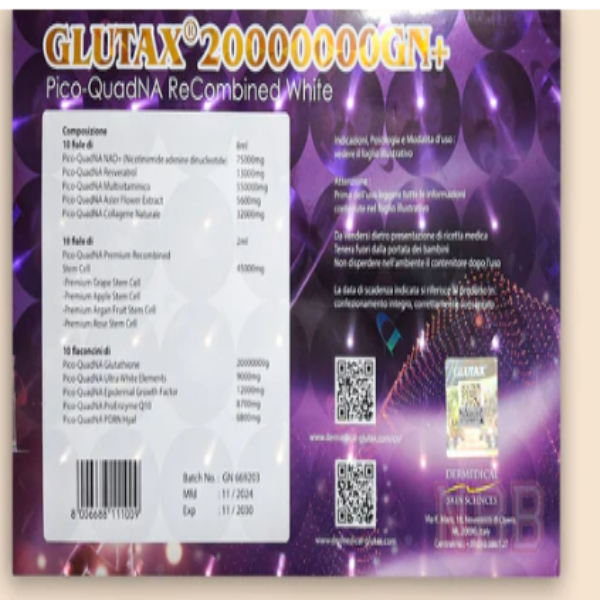 Product packaging design for Glutax 20000000GN+ Pico-QuadNA ReCombined White formula, featuring ingredient information, DNA-inspired graphics, QR codes, and advanced skin brightening and antioxidant formulation branding.