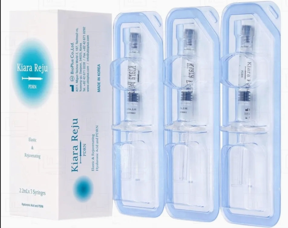 Kiara Reju PDRN 2.2ml skincare treatment kit featuring one product box and three prefilled syringes designed for skin rejuvenation, elasticity, and hydration support.