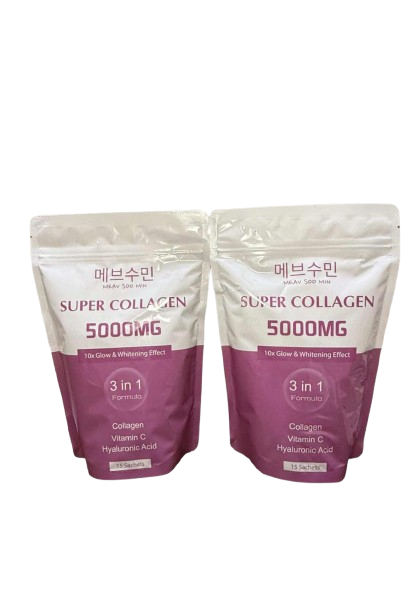 Two Meav Soo Min Super Collagen 5000mg pouches displayed together for collagen support, healthy-looking skin, and daily beauty wellness.