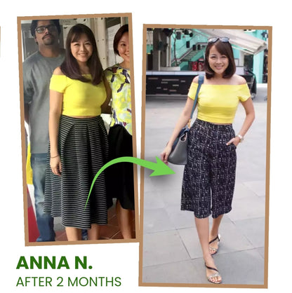 Before and after body transformation photo showing a woman with a slimmer physique after 2 months of following a wellness and weight management program