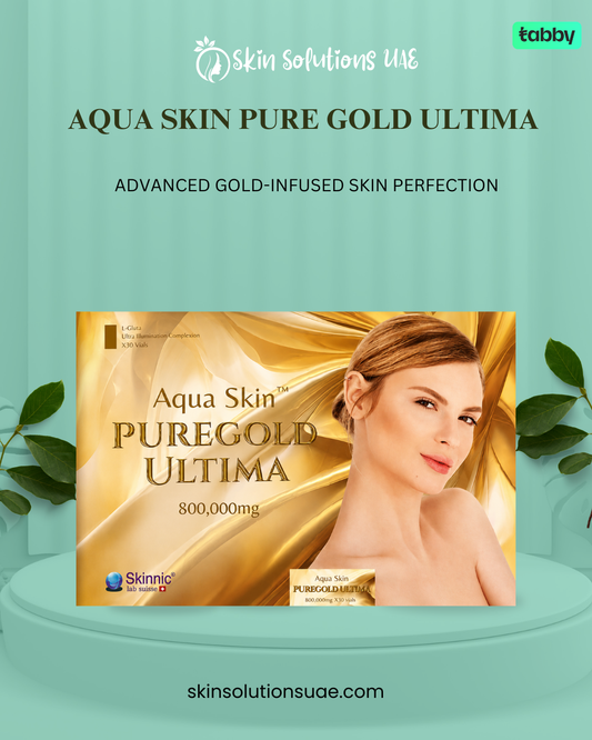 Aqua Skin PureGold Ultima promotional banner featuring advanced gold-infused skincare with PureGold Ultima packaging and model image for radiant-looking skin.