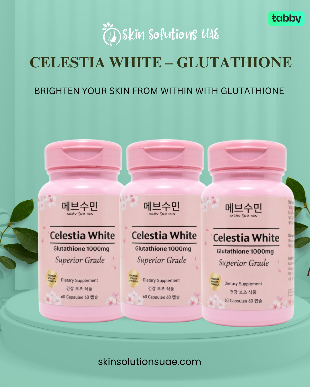 Three Celestia White Glutathione 1000mg Superior Grade supplement bottles displayed in a promotional banner for skin brightening and antioxidant support.