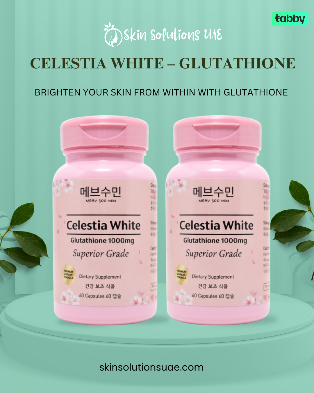 Two Celestia White Glutathione 1000mg Superior Grade supplement bottles displayed in a promotional banner for skin brightening and antioxidant support.