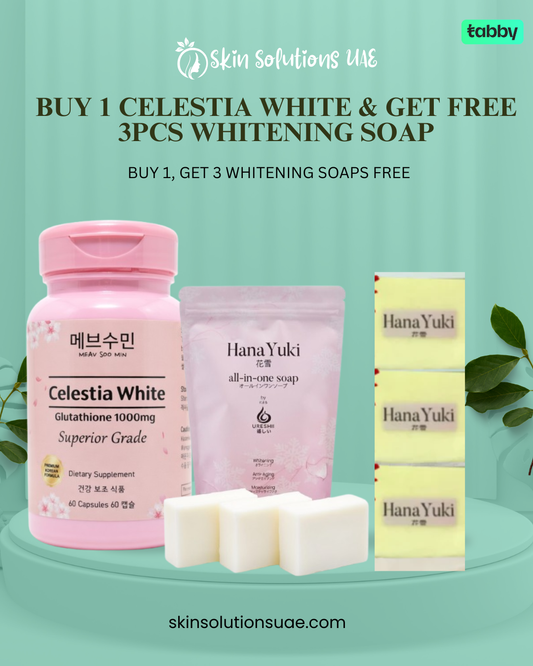 Celestia White Glutathione 1000mg supplement displayed with Hana Yuki all-in-one soap and three whitening soap bars as a promotional bundle.