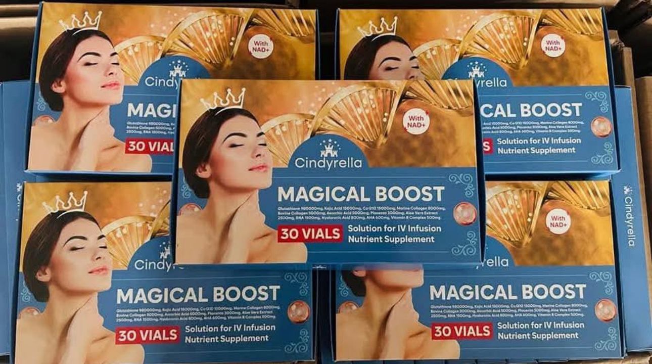 Multiple boxes of Cindyrella Magical Boost 30 Vials displayed together, featuring an IV nutrient supplement formulated with glutathione, vitamins, and collagen to support healthy-looking skin and overall wellness.