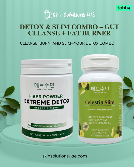 Meav Soo Min Detox and Slim Combo featuring Fiber Powder Extreme Detox and Celestia Slim Garcinia Cambogia capsules for gut cleanse and fat burner support.