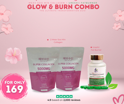 Promotional banner featuring the Glow & Burn Combo with Meav Soo Min Super Collagen 5000mg sachets and Ureshii Acetyl L-Carnitine fat burner capsules, designed to support skin radiance, collagen production, and wellness goals.