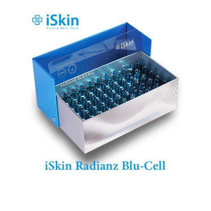 iSkin Radianz Blu-Cell ampoule treatment set featuring multiple blue ampoules in a presentation box, designed to support skin hydration, radiance, and a healthier-looking complexion.