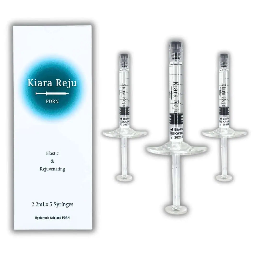 Kiara Reju PDRN skincare treatment kit featuring one product box and three prefilled 2.2ml syringes formulated with hyaluronic acid and PDRN to support skin rejuvenation and elasticity.