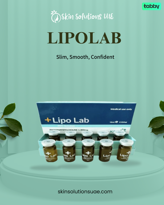 Lipo Lab fat dissolving injection promotional banner featuring phosphatidylcholine vials for body contouring and slimming treatment.