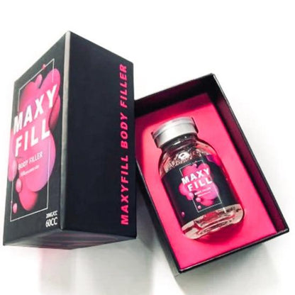 Product image of Maxy Fill Body Filler featuring a premium boxed vial presentation, marketed as a body volumizing and contour-enhancing treatment with sleek black and pink packaging.