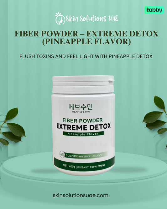 Meav Soo Min Fiber Powder Extreme Detox Pineapple Flavor banner promoting digestive health, intestinal cleanse, and detox support with pineapple flavor.