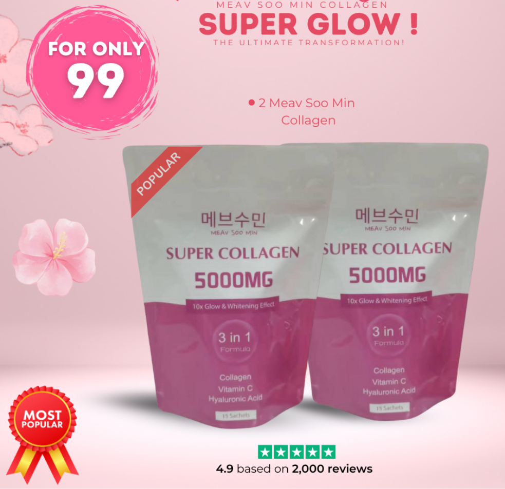 Promotional banner featuring two Meav Soo Min Super Collagen 5000mg pouches with a special price offer, highlighting a 3-in-1 collagen formula with Vitamin C and Hyaluronic Acid for skin glow and beauty support.