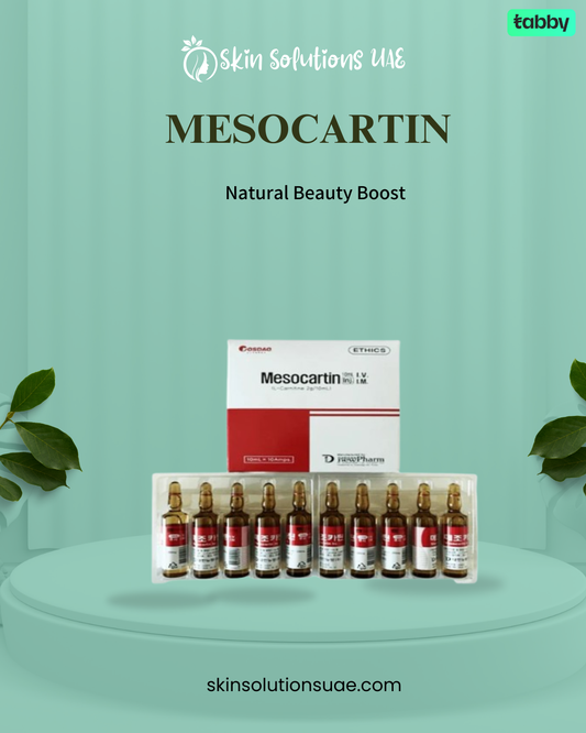 Mesocartin skin rejuvenation injection promotional banner featuring ampoules and product box for natural beauty boost and advanced skin revitalization.
