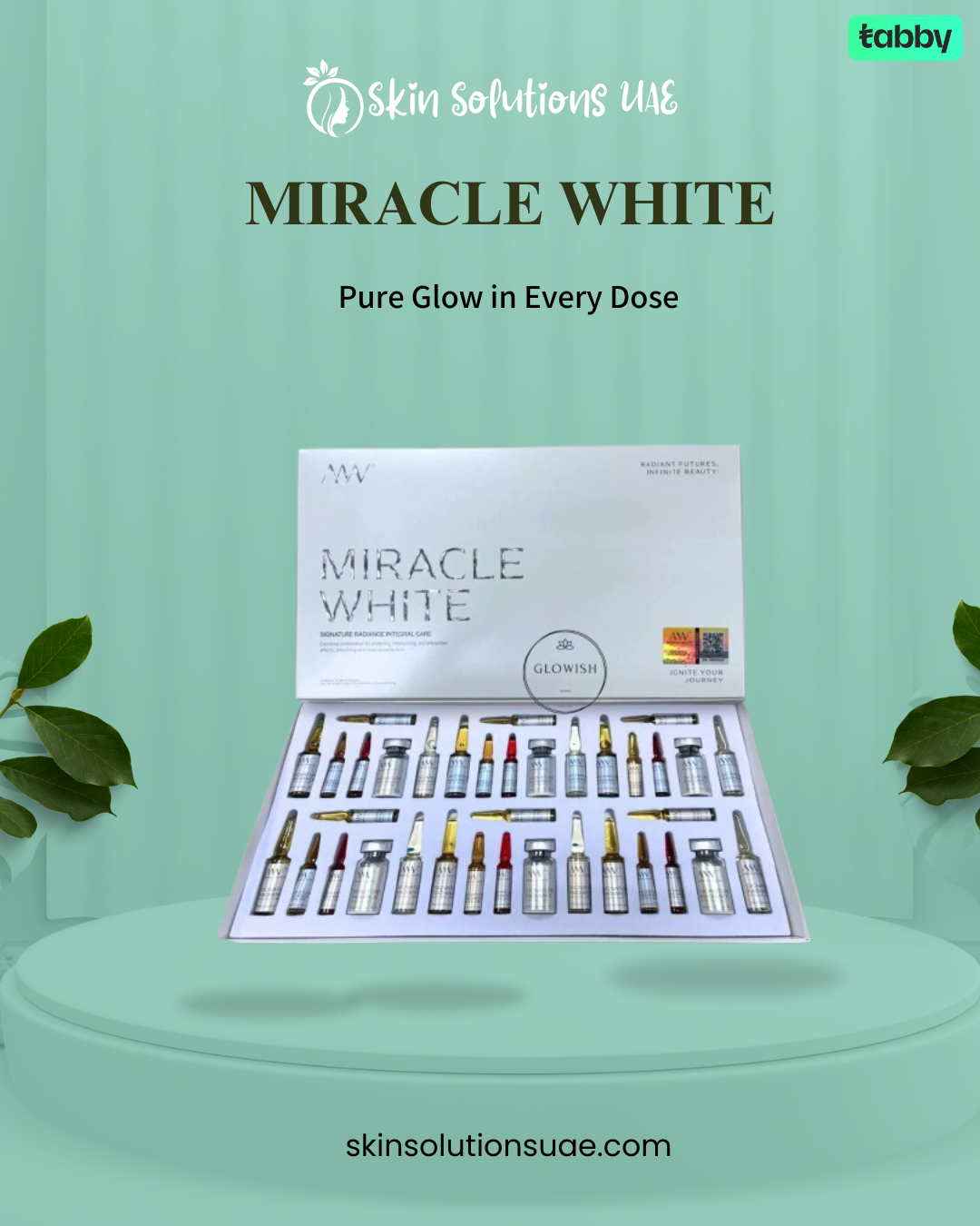 Miracle White Glowish skin brightening treatment kit featuring multiple ampoules and vials in a professional aesthetic skincare set designed to promote a radiant, healthy-looking complexion.