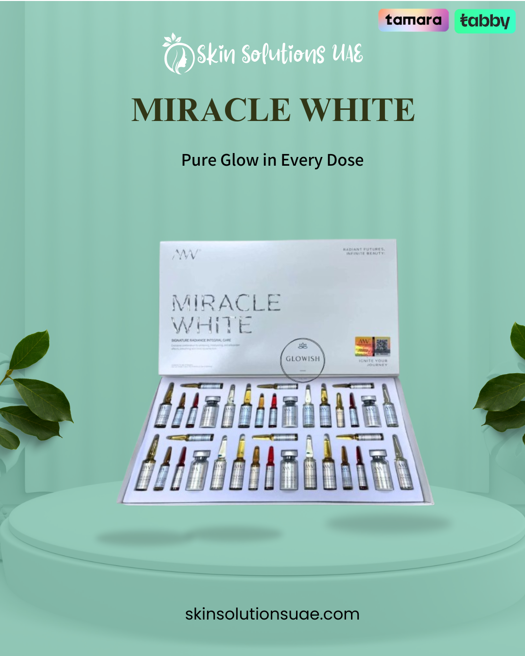 Miracle White Glowish skin brightening treatment kit featuring multiple ampoules and vials in a professional aesthetic skincare set designed to promote a radiant, healthy-looking complexion.