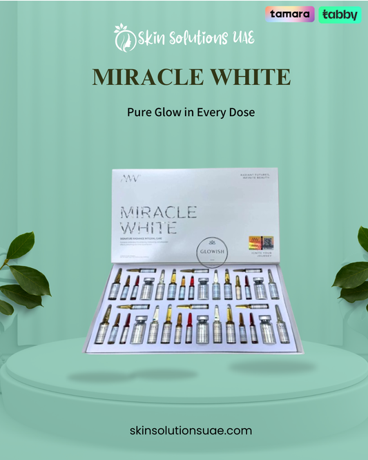 Miracle White Glowish skin brightening treatment kit featuring multiple ampoules and vials in a professional aesthetic skincare set designed to promote a radiant, healthy-looking complexion.