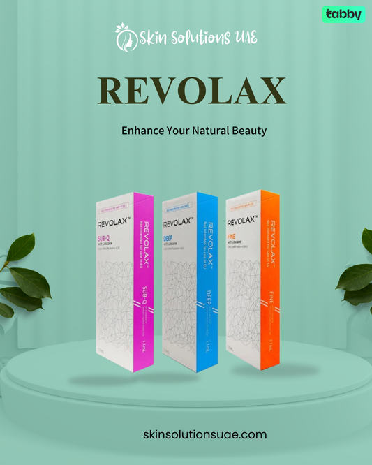 Revolax dermal filler collection featuring Sub-Q, Deep, and Fine formulations displayed together for professional aesthetic treatments and facial volume enhancement.