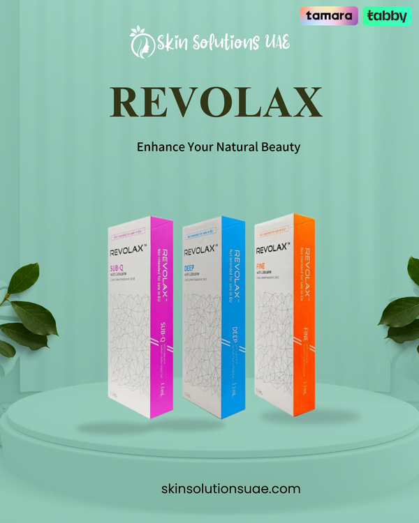 Three REVOLAX skincare product boxes standing upright on a teal pedestal against a teal background. The boxes are white with pink, blue, and orange side panels, with the text 'REVOLAX' and 'Enhance Your Natural Beauty' above them.