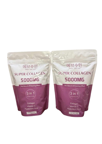 Two Meav Soo Min Super Collagen 5000mg pouches displayed together for collagen support, healthy-looking skin, and daily beauty wellness.