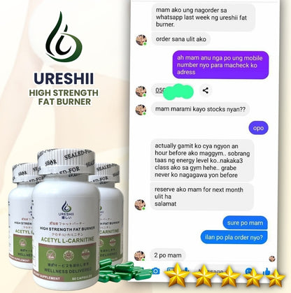 Customer testimonial screenshot for Ureshii High Strength Fat Burner, featuring positive feedback about increased energy levels during workouts and repeat purchase interest alongside product images.
