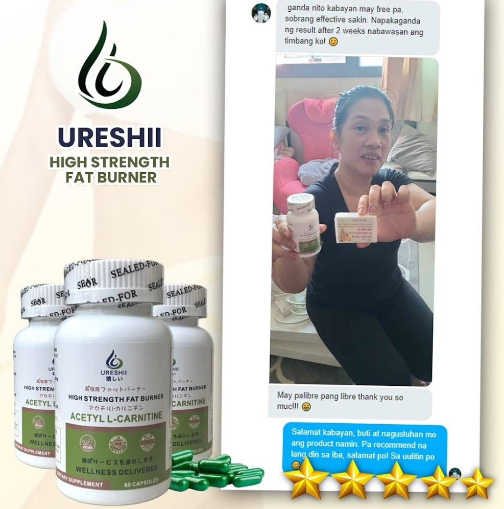 Customer testimonial for Ureshii High Strength Fat Burner showing a customer holding the product and sharing positive feedback about weight management results after two weeks of use.