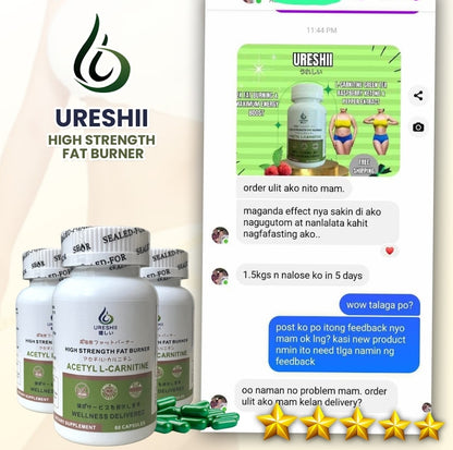 Customer testimonial for Ureshii High Strength Fat Burner featuring product bottles and a weight loss feedback conversation.