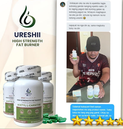 Customer testimonial for Ureshii High Strength Fat Burner featuring user feedback and product review highlighting weight management support in the UAE.