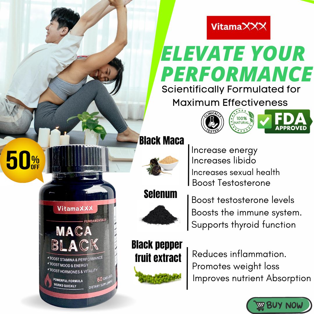 Vitamaxxx Maca Black men's performance supplement with black maca and selenium for energy, stamina, and vitality support