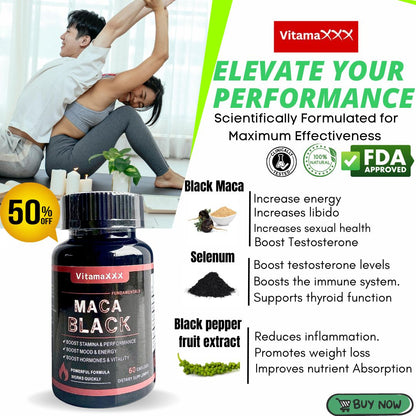 Vitamaxxx Maca Black men's performance supplement with black maca and selenium for energy, stamina, and vitality support