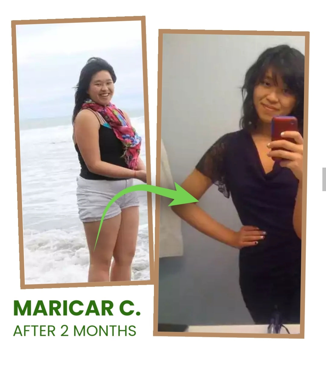 Before and after weight loss transformation showing a woman's physical progress after two months.