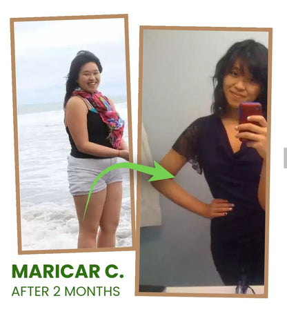 Before and after weight loss transformation showing a woman's physical progress after two months.