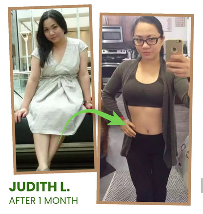 Before and after weight loss transformation showing a customer’s one-month progress with a slimmer physique and improved fitness results.