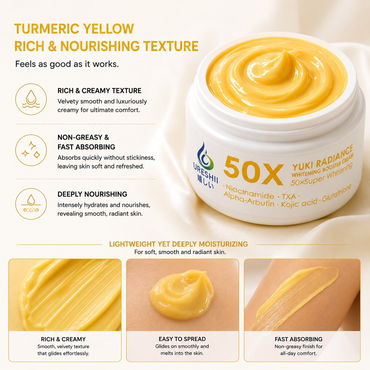 Yuki Radiance skincare product with text highlighting features on a light background