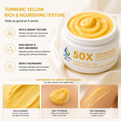 Yuki Radiance skincare product with text highlighting features on a light background