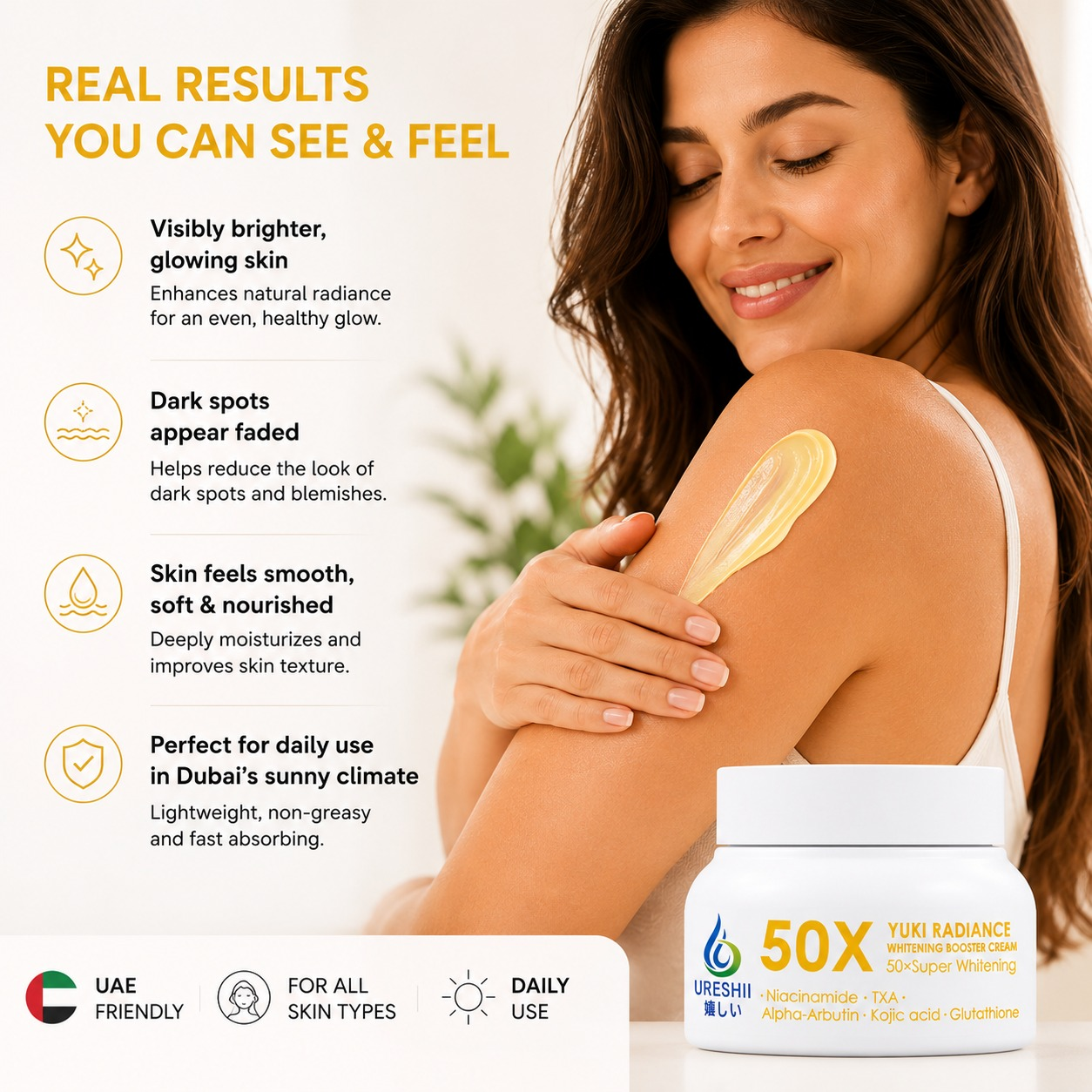 Woman applying cream to her arm with product packaging displayed, featuring text about skin benefits and product features.