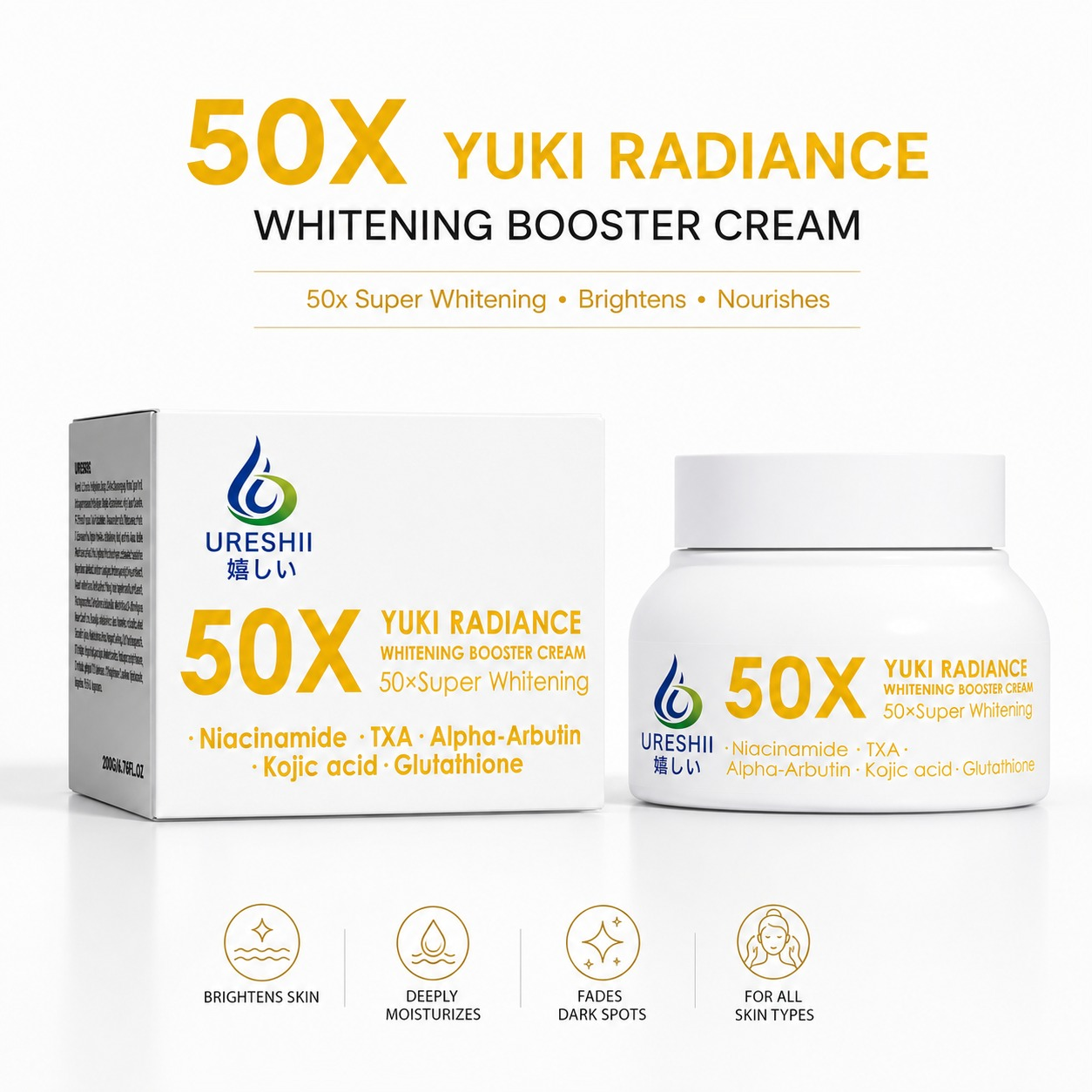 50X YUKI RADIANCE Whitening Booster Cream packaging with box on a white background
