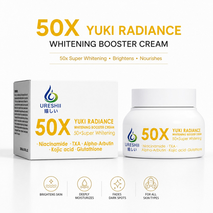 50X YUKI RADIANCE Whitening Booster Cream packaging with box on a white background