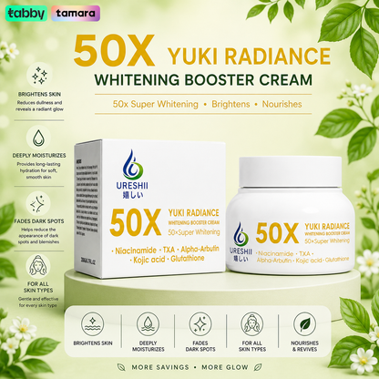 50X Yuki Radiance Whitening Booster Cream packaging with box on a green background