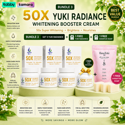 Yuki Radiance Whitening Booster Cream bundle with free soap on a green floral background