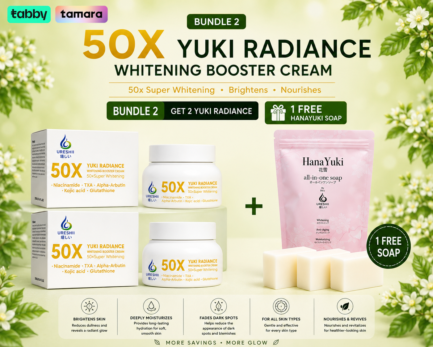 Promotional image of 50X Yuki Radiance Whitening Booster Cream bundle with additional free items on a green background.